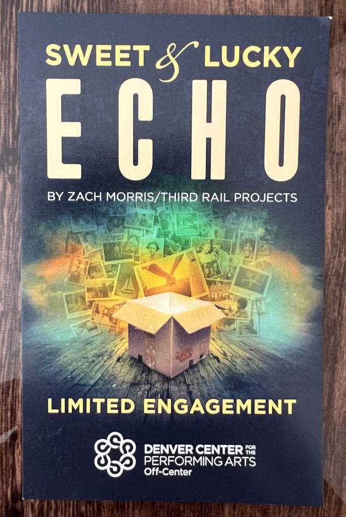 Promotional flier for SWEET & LUCKY: ECHO featuring a graphic of an open cardboard box and family photos in the background.